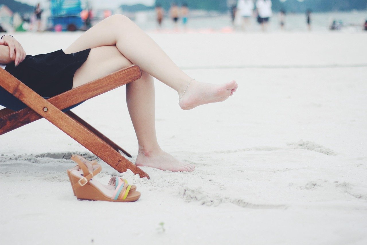 woman, beach, beach chair, feet, female, barefoot, girl, lady, legs, leisure, outdoors, recreation, relaxation, resort, resting, sand, sandals, sitting, wooden chair, sandy beach, nature, shore, seashore